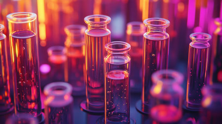 An array of medical vials and test tubes with chemical reactions happening in a lab environmentの素材
