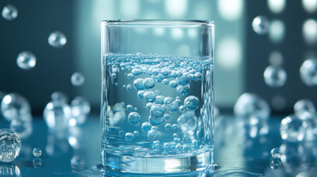 Baking soda and lemon juice reaction showing bubbles in a clear container on a lab tableの素材