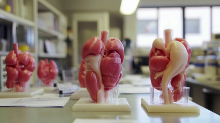 D printed organ models on a clean surface, surrounded by medical research documentsの素材
