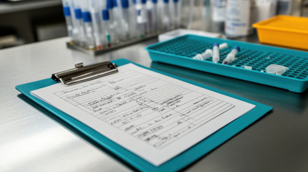 Close-up of a clipboard with detailed experimental logs next to pipette traysの素材