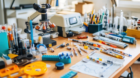Clean laboratory table with research documents, syringes, and medical instruments for testingの素材