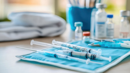 Clean medical workstation with vials, syringes, and diagnostic tools neatly arrangedの素材
