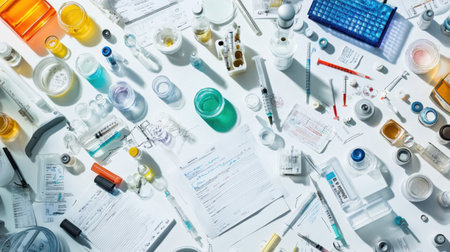 Clean white surface filled with syringes, vials, and scientific papers for medical researchの素材