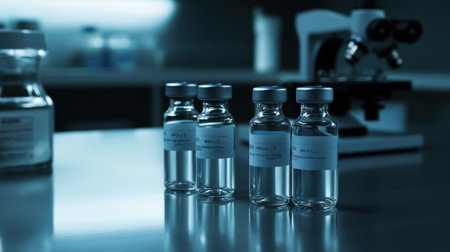 Clear vials with fluid samples and microscopes on a medical research tableの素材
