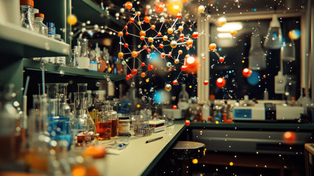 Digital overlay of molecular bonds hovering over real-life lab setupの素材