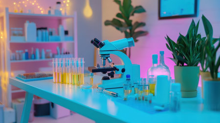 Clean bench filled with scientific research tools like pipettes, vials, and microscopesの素材