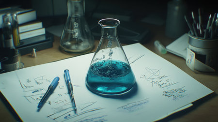 Close-up of bubbling blue solution in Erlenmeyer flask with lab tools and notes nearbyの素材