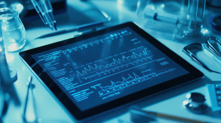 Close-up of a DNA sequencing chart displayed on a tablet, with medical instruments around itの素材