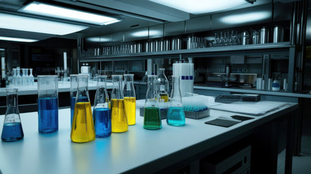 Clean chemistry lab with test tubes, beakers, and colorful liquids on a white counter, surrounded by scientific glasswareの素材
