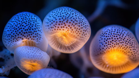 Close-up of lab-grown tissue samples under a microscope, illuminated in blue and white lightingの素材