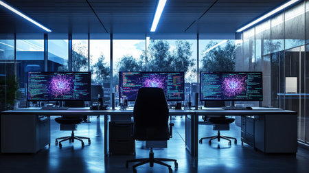Clean tech lab with AI model renderings, neural network diagrams, and code on multiple monitorsの素材