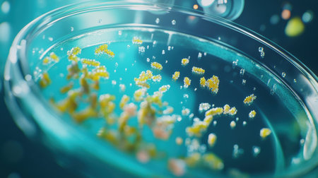 Close-up of a Petri dish growing bacterial culture, under a microscope in a laboratoryの素材