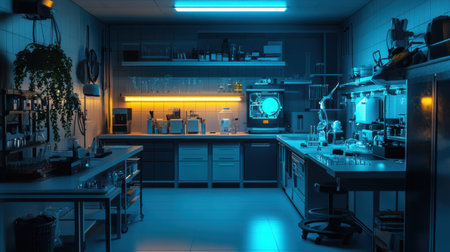 Clinical-grade lab with glassware racks, centrifuges, and sterile experiment stationsの素材