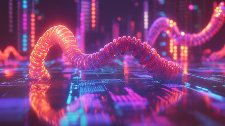 Colorful DNA spirals floating over a tech grid with abstract molecular shapesの素材