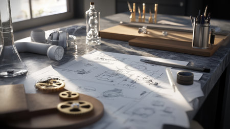 Conceptual scientist worktable with gears, prototypes, and detailed research blueprintsの素材