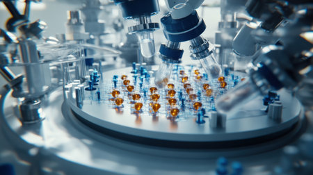 Close-up of biotechnology hardware scanning DNA chips and monitoring molecular structuresの素材