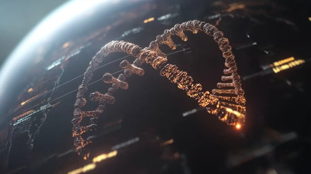 Digital DNA helix hovering over a holographic globe with data streamsの素材