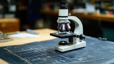 Detailed microscope optics beside a precision calibration grid and scale chartの素材
