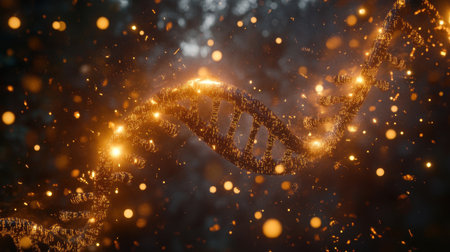 Double helix DNA structure with binary code and digital particles in backgroundの素材