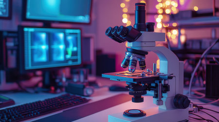 Dual eyepiece microscope with bright field illumination system and mounted cameraの素材