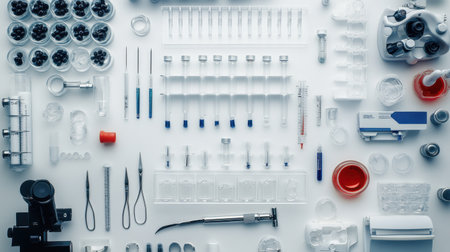 Flat lay of essential scientific tools including pipettes, forceps, and test tube holdersの素材