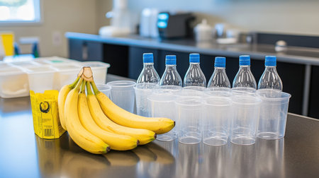 DNA extraction setup with clear plastic cups, bananas, and ethanol on a classroom benchの素材