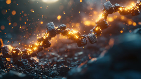 Floating nucleotides forming a DNA chain mid-air with glowing highlightsの素材