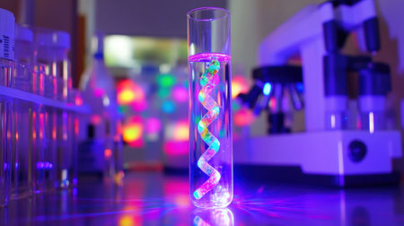 DNA strand inside a glowing test tube with lab equipment blurred in the backgroundの素材