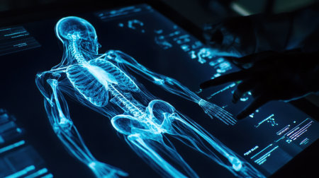 Glowing hologram interface showing human anatomy used in health research labの素材