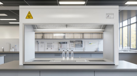 Empty fume hood in a chemistry lab with secure chemical flasks and safety signageの素材