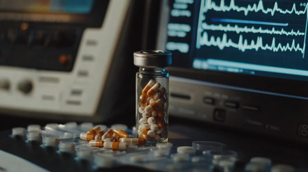 Glass vial filled with medication next to a diagnostic monitor showing vitals in a lab settingの素材