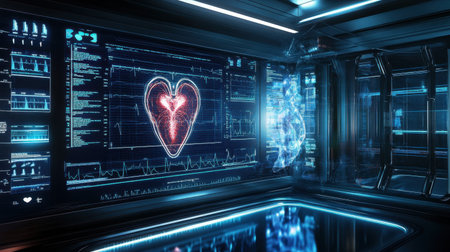 Digital screen displaying heart rate and respiratory data in a medical research facilityの素材