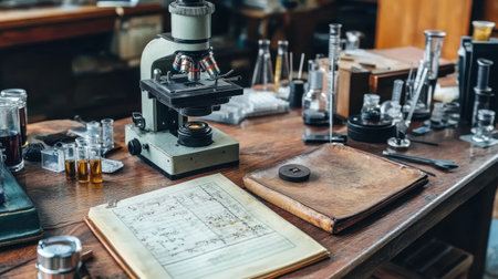 High-powered microscope surrounded by scientific tools and a detailed sample logbook on a lab benchの素材