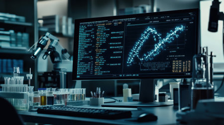 Futuristic interface displaying genetic code, data points, and gene editing tools in a biotech research labの素材