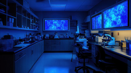 Fluorescence microscopy setup in a darkened science lab room with image display screensの素材