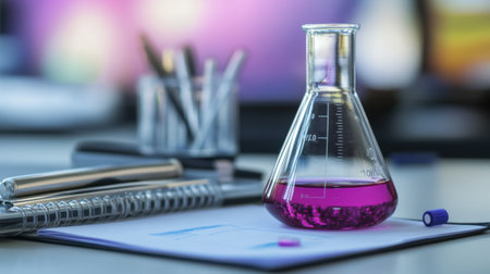 Glass beaker containing purple liquid beside digital scale and notepadの素材