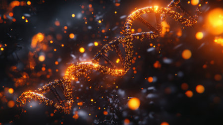 Double helix DNA structure with binary code and digital particles in backgroundの素材
