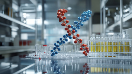 DNA molecule illustration next to periodic table and lab instruments on glassの素材