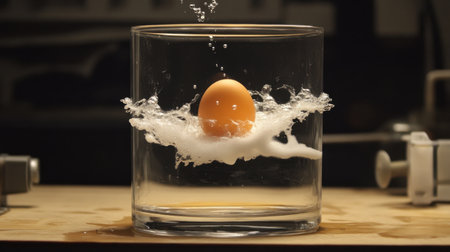 Egg in vinegar shell-dissolving test halfway through with foam around egg in clear glassの素材