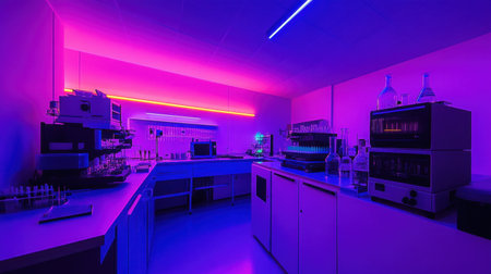 Fluorescent lighting above scientific equipment and experimental setups in a chemistry labの素材