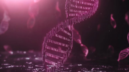 Double helix DNA structure with binary code and digital particles in backgroundの素材