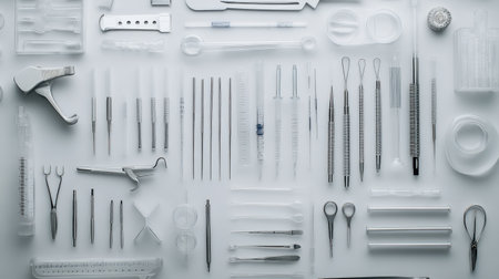 Flat lay of essential scientific tools including pipettes, forceps, and test tube holdersの素材
