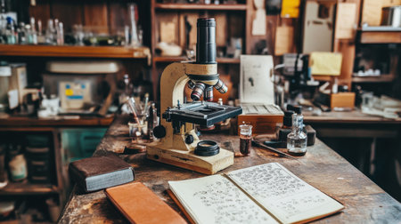 High-powered microscope surrounded by scientific tools and a detailed sample logbook on a lab benchの素材