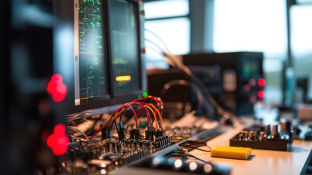Electronics lab setup for RD with testing modules, oscilloscopes, and soldering gearの素材