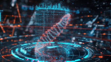 Holographic DNA strand projecting from a digital watch interface on lab tableの素材