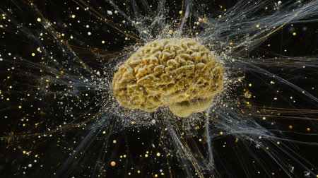 Floating digital brain model surrounded by data flow lines and neural connectionsの素材