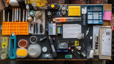 Industrial scientist setup featuring materials test data, polymer samples, and digital calipersの素材