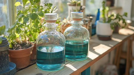 Greenhouse gas demo setup showing temperature changes with two closed glass containersの素材