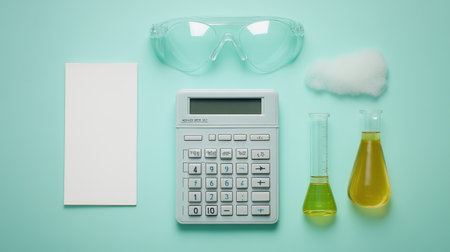 Flat lay of scientific calculator, lab notes, goggles, and chemical equipmentの素材