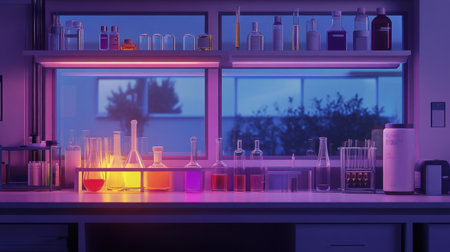 Fume hood interior with chemical bottles, glassware, and ventilation systemの素材